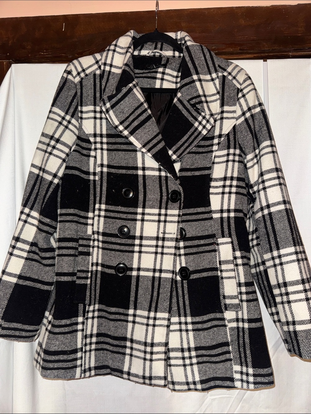 Larry Levine Black and White Plaid Peacoat